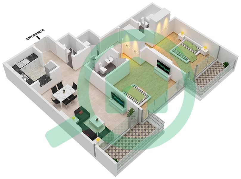 المخططات الطابقية لتصميم الوحدة 8-FLOOR 4,12 شقة 2 غرفة نوم - شقق لا ريفييرا Floor 4,12 interactive3D