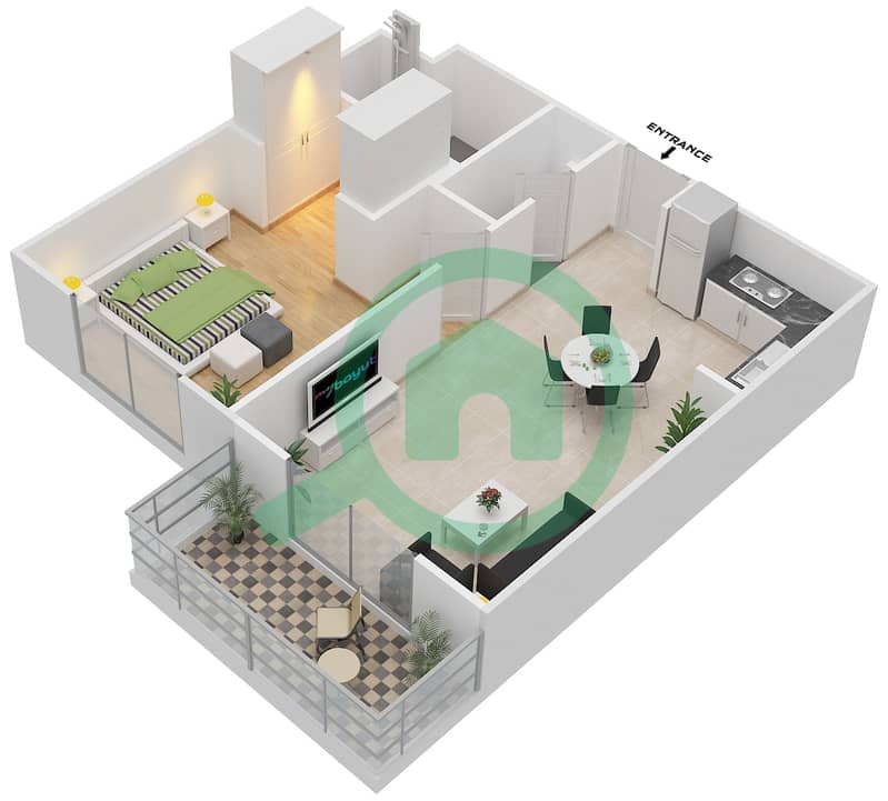 园路公寓1号楼 - 1 卧室公寓类型／单位F/MIDDLE UNIT/FLOOR 2-12戶型图 Floor 2-12,14 interactive3D