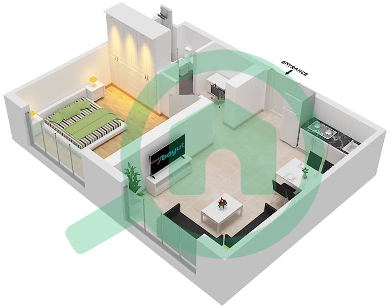 المخططات الطابقية لتصميم النموذج / الوحدة E2/5  FLOOR 6 شقة 1 غرفة نوم - أبراج التنين interactive3D