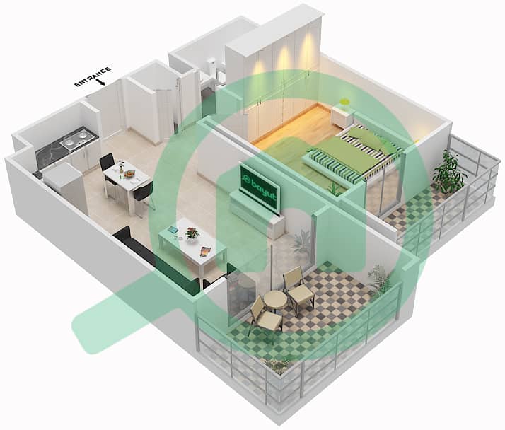 المخططات الطابقية لتصميم النموذج / الوحدة 1A-1 شقة 1 غرفة نوم - شقق زهرة 2A Floor 4 interactive3D