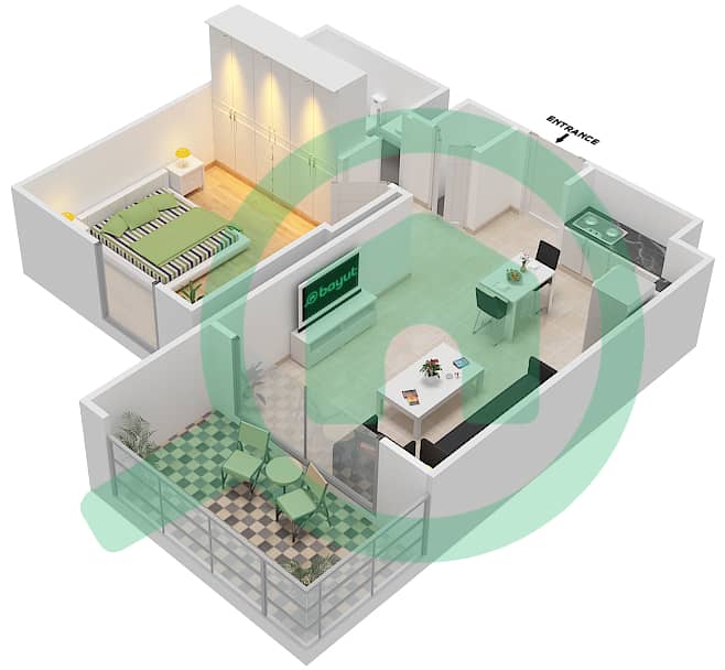 المخططات الطابقية لتصميم النموذج / الوحدة 1A-2 شقة 1 غرفة نوم - شقق زهرة 2A Floor 5-7 interactive3D