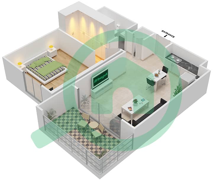 المخططات الطابقية لتصميم النموذج / الوحدة 1C-1 شقة 1 غرفة نوم - شقق زهرة 2A Floor 2-3 interactive3D