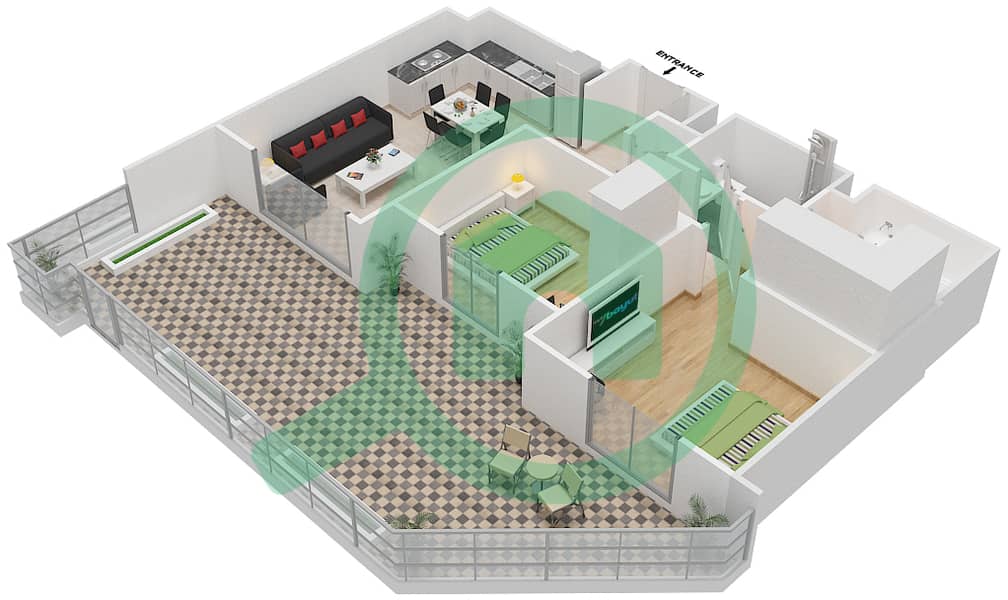 المخططات الطابقية لتصميم النموذج / الوحدة 2A-1 شقة 2 غرفة نوم - شقق زهرة 2A Floor 1 interactive3D