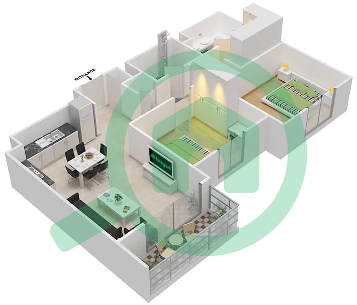 المخططات الطابقية لتصميم النموذج / الوحدة 2A-2 شقة 2 غرفة نوم - شقق زهرة 2A Floor 2-7 interactive3D