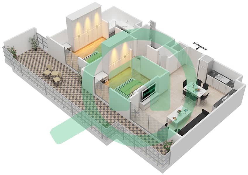 المخططات الطابقية لتصميم النموذج / الوحدة 2B-3 شقة 2 غرفة نوم - شقق زهرة 2A Floor 1 interactive3D
