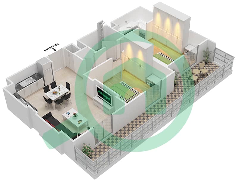 المخططات الطابقية لتصميم النموذج / الوحدة 2B-4 شقة 2 غرفة نوم - شقق زهرة 2A Floor 1 interactive3D