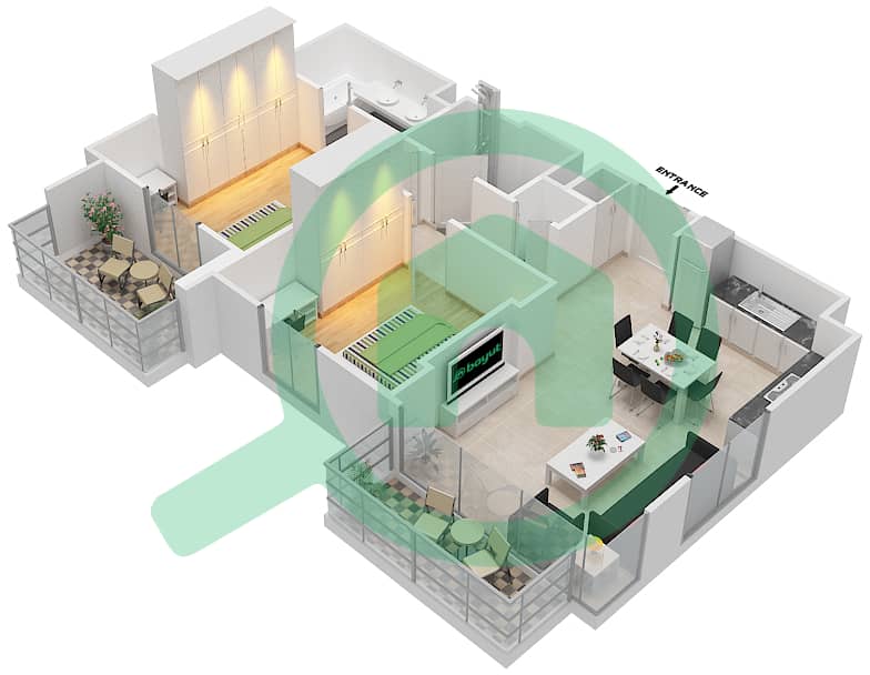 المخططات الطابقية لتصميم النموذج / الوحدة 2B-5 شقة 2 غرفة نوم - شقق زهرة 2A Floor 2-5 interactive3D