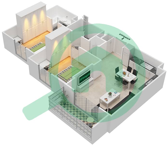 المخططات الطابقية لتصميم النموذج / الوحدة 2B-7 شقة 2 غرفة نوم - شقق زهرة 2A Floor 2-7 interactive3D