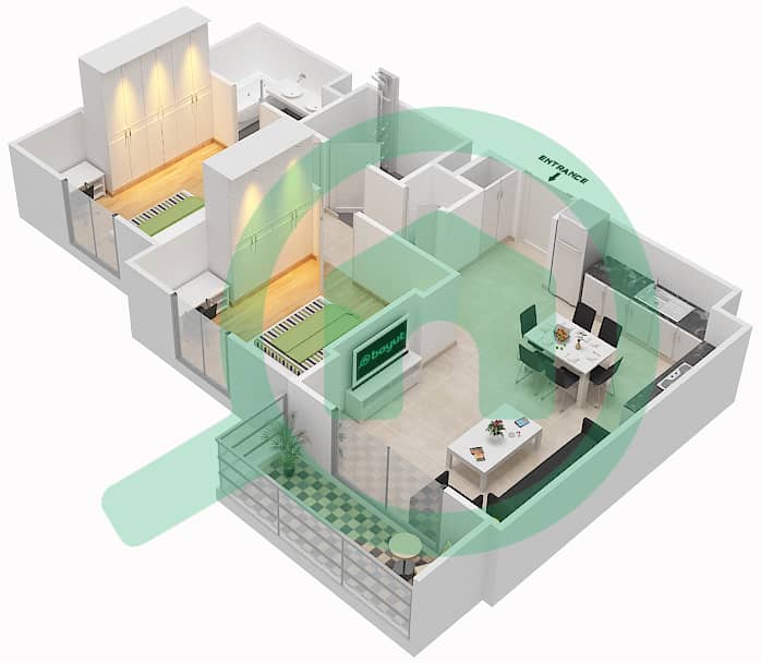 المخططات الطابقية لتصميم النموذج / الوحدة 2B-8 شقة 2 غرفة نوم - شقق زهرة 2A Floor 6 interactive3D