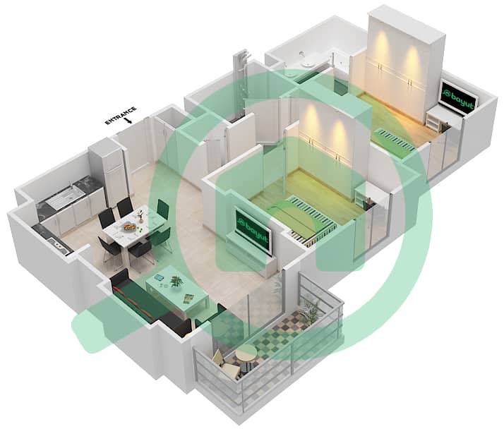المخططات الطابقية لتصميم النموذج / الوحدة 2B-9 شقة 2 غرفة نوم - شقق زهرة 2A Floor 2-7 interactive3D