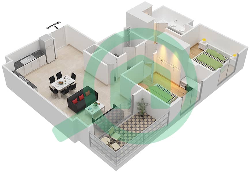 المخططات الطابقية لتصميم النموذج / الوحدة 2C-1 شقة 2 غرفة نوم - شقق زهرة 2A Floor 7-10 interactive3D