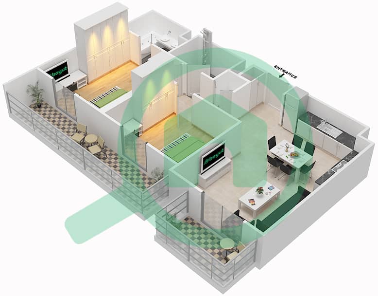 المخططات الطابقية لتصميم النموذج / الوحدة 2D-1 شقة 2 غرفة نوم - شقق زهرة 2A Floor 3 interactive3D