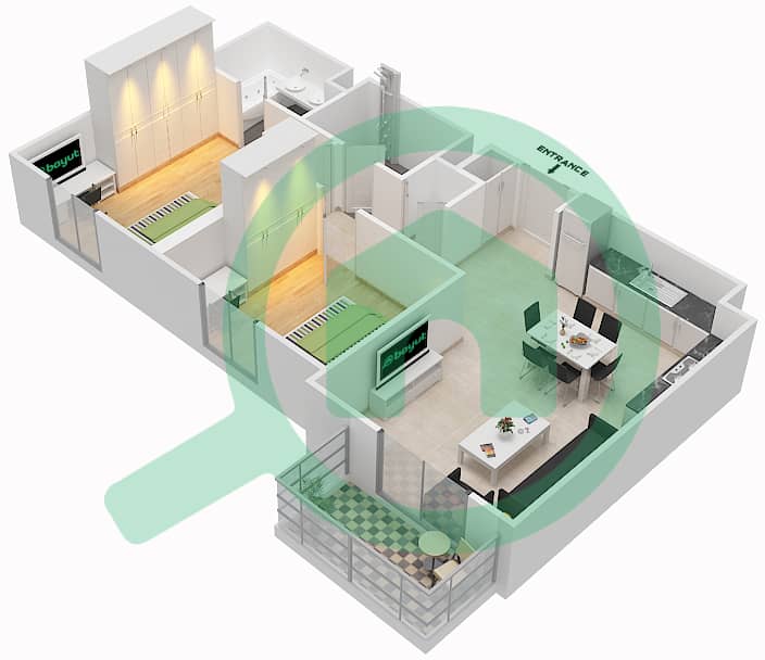 المخططات الطابقية لتصميم النموذج / الوحدة 2D-2 شقة 2 غرفة نوم - شقق زهرة 2A Floor 4-7 interactive3D
