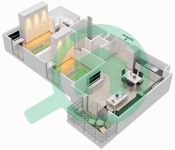 扎哈拉2A公寓 - 2 卧室公寓类型／单位2D-3戶型图 Floor 6 interactive3D