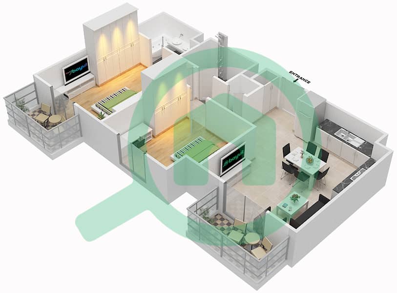 المخططات الطابقية لتصميم النموذج / الوحدة 2F-1 شقة 2 غرفة نوم - شقق زهرة 2A Floor 2 interactive3D