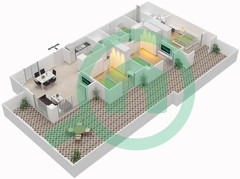 المخططات الطابقية لتصميم النموذج / الوحدة 3B-1 شقة 3 غرف نوم - شقق زهرة 2A Floor 1 interactive3D