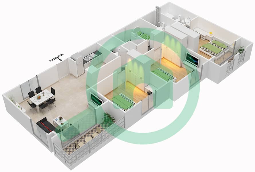 المخططات الطابقية لتصميم النموذج / الوحدة 3B-2 شقة 3 غرف نوم - شقق زهرة 2A Floor 3-5 interactive3D