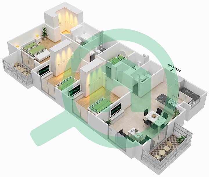المخططات الطابقية لتصميم النموذج / الوحدة 3C-1 شقة 3 غرف نوم - شقق زهرة 2A Floor 2,4-7 interactive3D