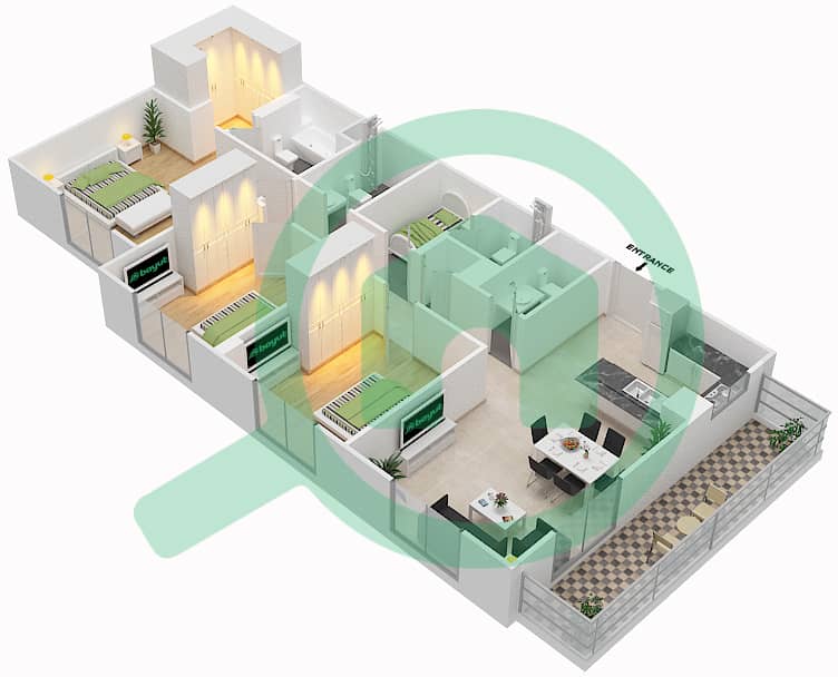 المخططات الطابقية لتصميم النموذج / الوحدة 3C-2 شقة 3 غرف نوم - شقق زهرة 2A Floor 3,6 interactive3D