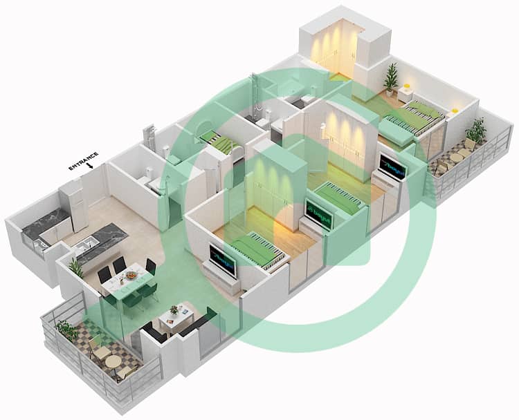 المخططات الطابقية لتصميم النموذج / الوحدة 3C-3 شقة 3 غرف نوم - شقق زهرة 2A Floor 1 interactive3D