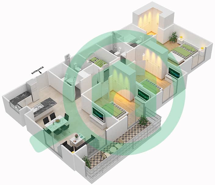 المخططات الطابقية لتصميم النموذج / الوحدة 3C-4 شقة 3 غرف نوم - شقق زهرة 2A Floor 1 interactive3D