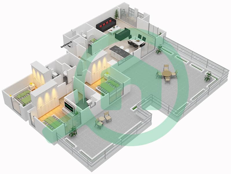 扎哈拉2A公寓 - 3 卧室公寓类型／单位3D-1戶型图 Floor 3 interactive3D