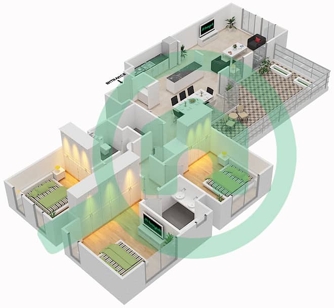 المخططات الطابقية لتصميم النموذج / الوحدة 3E-1 شقة 3 غرف نوم - شقق زهرة 2A Floor 7 interactive3D