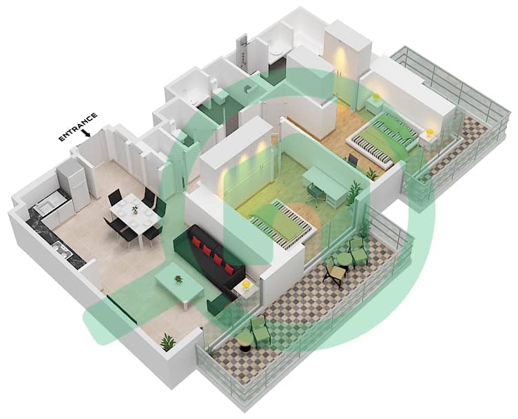 市中心瑞吉酒店 - 2 卧室公寓类型／单位A-UNIT 2,11- FLOOR 4戶型图 interactive3D