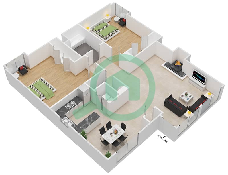 المخططات الطابقية لتصميم النموذج A شقة 2 غرفة نوم - مجمع B interactive3D