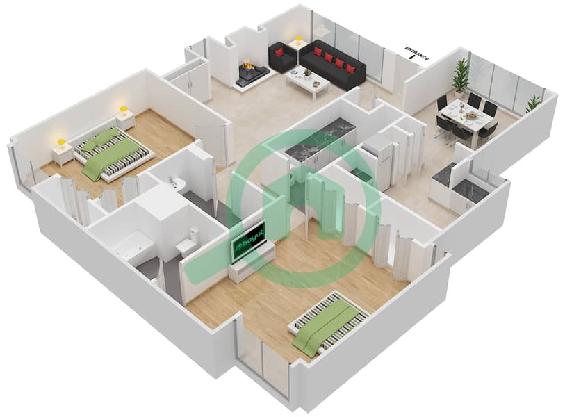 المخططات الطابقية لتصميم النموذج A شقة 2 غرفة نوم - مجمع D interactive3D
