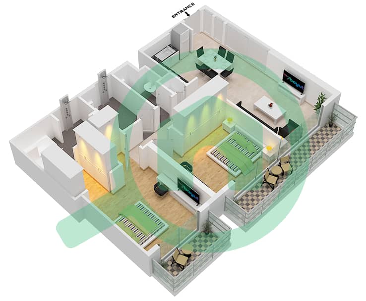 市中心瑞吉酒店 - 2 卧室公寓类型／单位E-UNIT 3-FLOOR 21戶型图 interactive3D