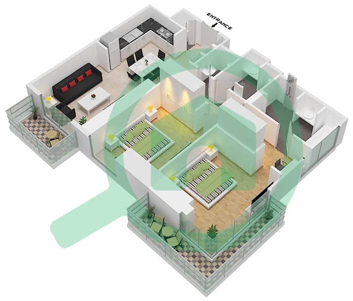 المخططات الطابقية لتصميم النموذج / الوحدة B-UNIT 4- FLOOR 21 شقة 2 غرفة نوم - سانت ريجيس داون تاون interactive3D