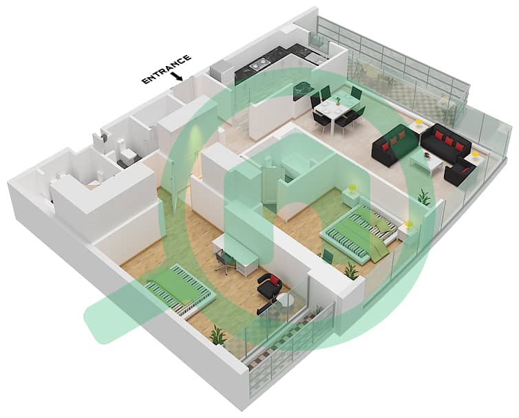 朱法尔大厦 - 2 卧室公寓类型E戶型图 interactive3D