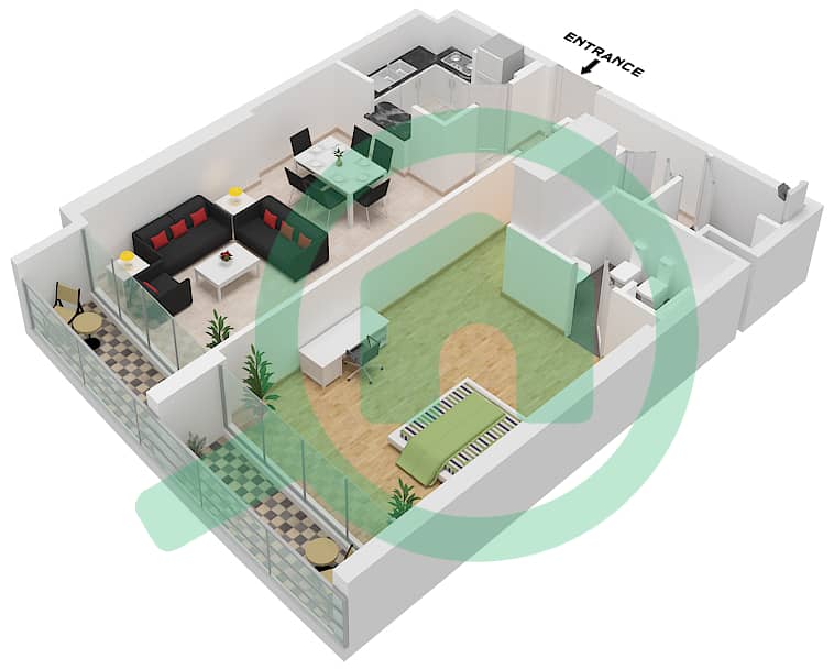 المخططات الطابقية لتصميم النموذج F3 شقة 1 غرفة نوم - جلفار تاورز interactive3D