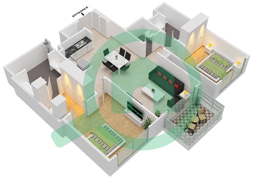 市中心瑞吉酒店 - 2 卧室公寓类型／单位C-UNIT 1,11- FLOOR 21戶型图 interactive3D