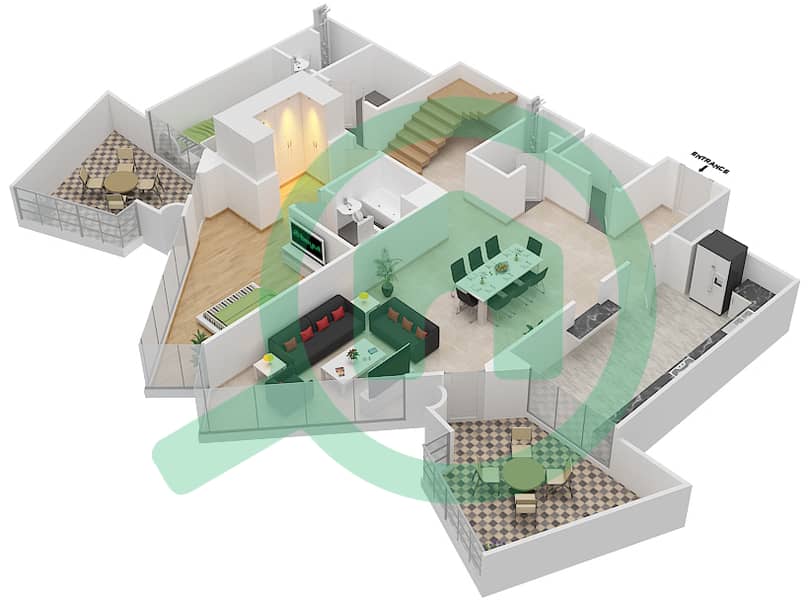 المخططات الطابقية لتصميم النموذج A شقة 4 غرف نوم - جلفار تاورز Lower Floor interactive3D