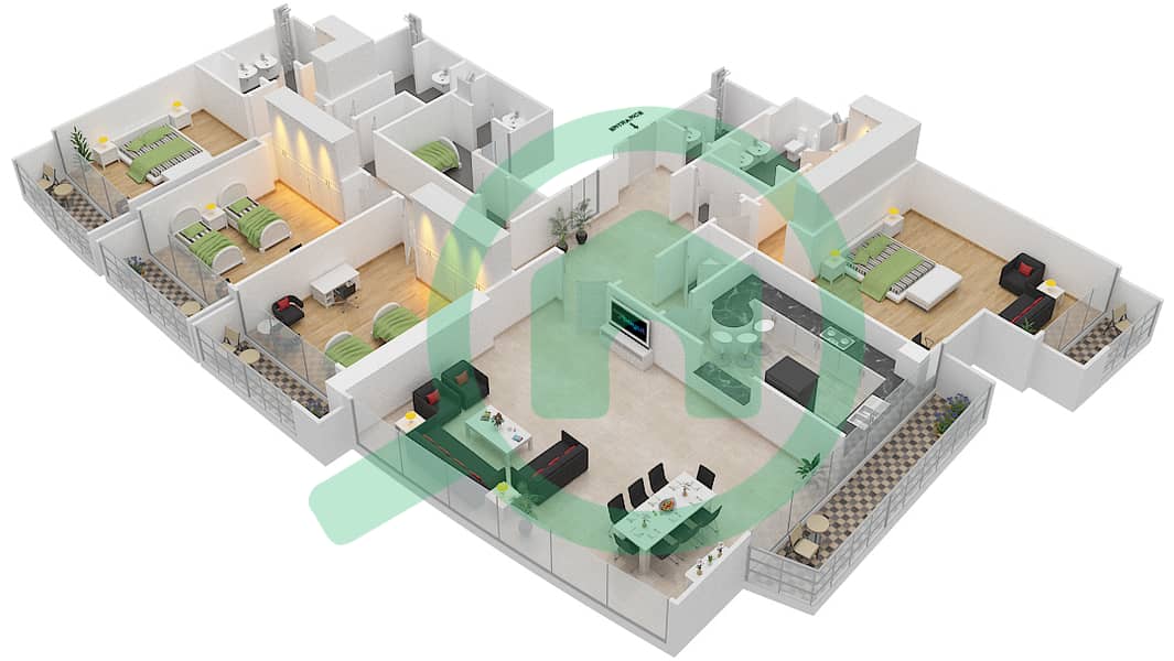 朱法尔大厦 - 4 卧室公寓类型C戶型图 interactive3D