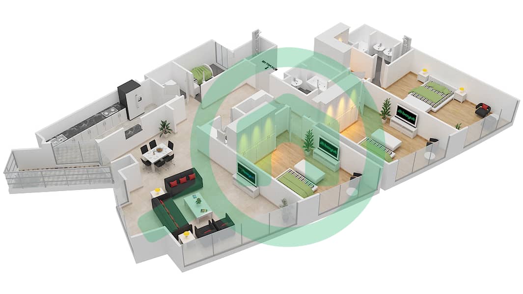 المخططات الطابقية لتصميم النموذج D شقة 3 غرف نوم - جلفار تاورز interactive3D