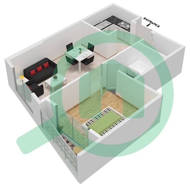 المخططات الطابقية لتصميم النموذج C شقة 1 غرفة نوم - أبراج كراون التوأم interactive3D