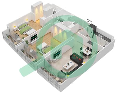 المخططات الطابقية لتصميم النموذج E1 شقة 2 غرفة نوم - جلفار تاورز