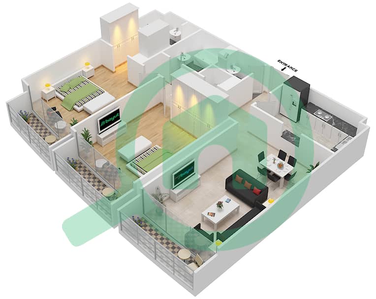المخططات الطابقية لتصميم النموذج E1 شقة 2 غرفة نوم - جلفار تاورز interactive3D