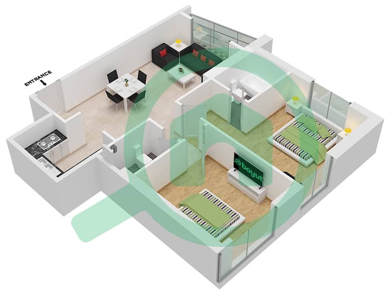 المخططات الطابقية لتصميم النموذج A شقة 2 غرفة نوم - أبراج كراون التوأم interactive3D