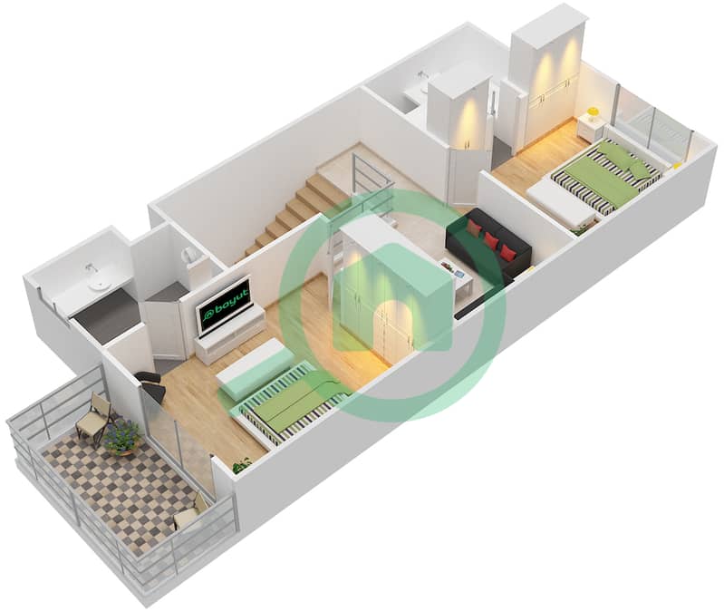Таунхаусы Парклейн - Таунхаус 2 Cпальни планировка Тип D2BMR-B First Floor interactive3D