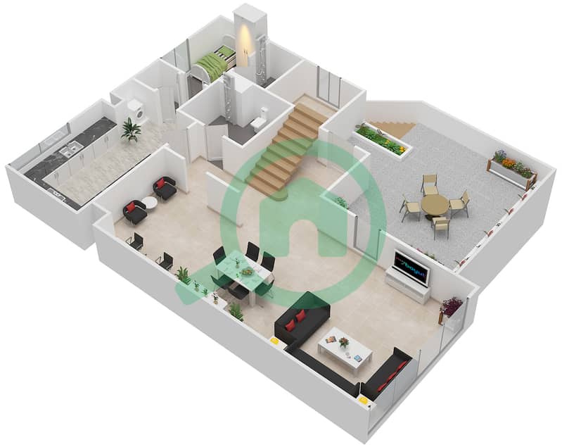 المخططات الطابقية لتصميم النموذج D4BL-C تاون هاوس 4 غرف نوم - بارك لاين تاون هاوس First Floor interactive3D