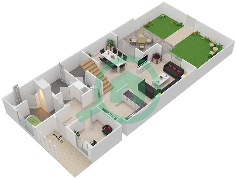 المخططات الطابقية لتصميم النموذج D3BML-C تاون هاوس 3 غرف نوم - بارك لاين تاون هاوس Ground Floor interactive3D