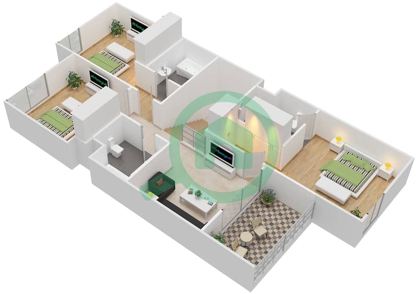 المخططات الطابقية لتصميم النموذج D3BML-C تاون هاوس 3 غرف نوم - بارك لاين تاون هاوس First Floor interactive3D