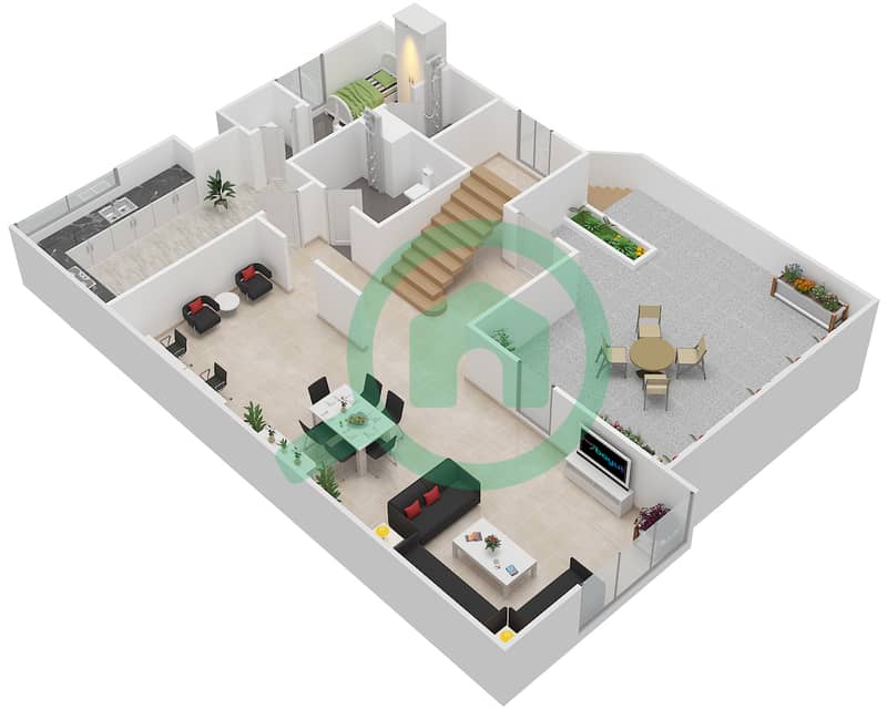 المخططات الطابقية لتصميم النموذج D3BL-E تاون هاوس 3 غرف نوم - بارك لاين تاون هاوس First Floor interactive3D