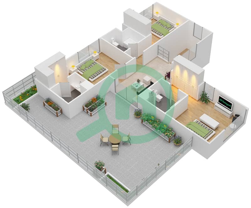 المخططات الطابقية لتصميم النموذج D3BL-E تاون هاوس 3 غرف نوم - بارك لاين تاون هاوس Second Floor interactive3D
