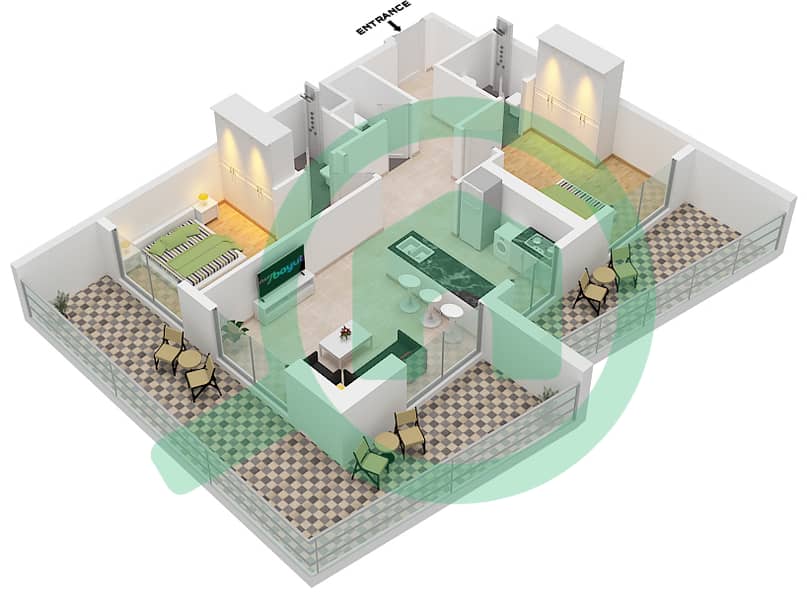 المخططات الطابقية لتصميم النموذج A شقة 2 غرفة نوم - بن غاطي كانال interactive3D