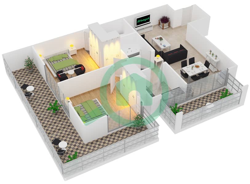 المخططات الطابقية لتصميم النموذج F08 شقة 2 غرفة نوم - جليتز First Floor interactive3D